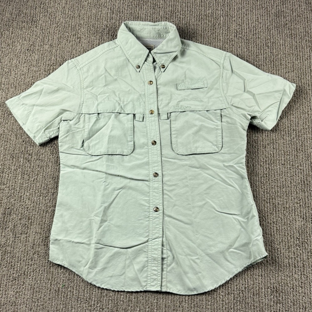 LL Bean Womens S Reg Fishing Shirt Button Up Short Sleeve Vented Green